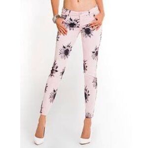 NEW WOMENS GUESS KATE MOD SUNFLOWER SKINNY PINK FLORAL SATEEN PANTS 00 23